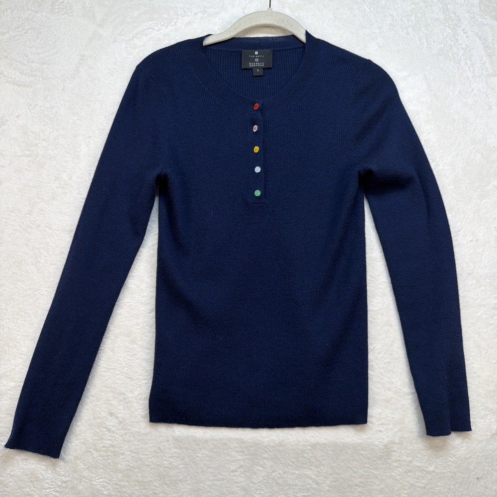 Lisa Perry Barneys NY Cashmere Sweater Womens Small Navy Henley Luxury Classic